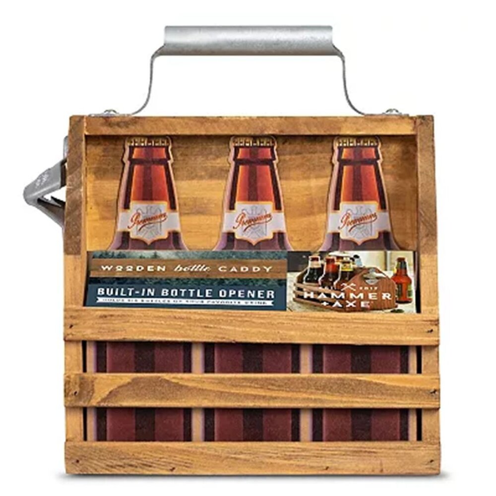 Hammer & Axe 6 Bottle Wood Caddy with Metal Opener